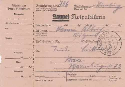 Paketkarte 1947: Wietzen Weser nach Haar, mit Doppel-Notpaketkarte