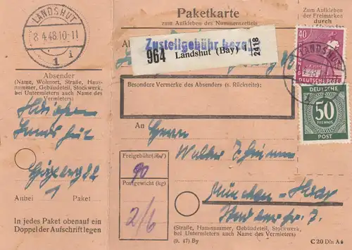 Paketkarte 1948: Landshut nach München-Haar, mit Doppel-Notpaketkarte