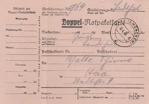 Paketkarte 1948: Landshut nach München-Haar, mit Doppel-Notpaketkarte