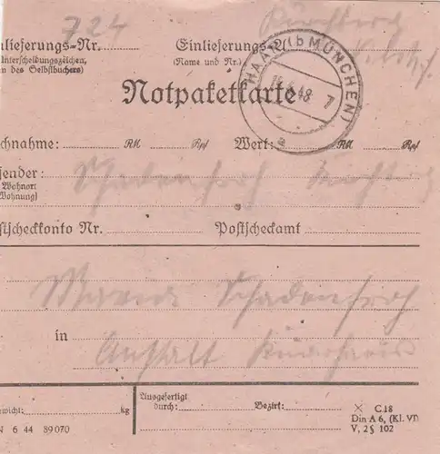 Paketkarte 1948: Riegelsberg Kirchberg n. Haar, mit Notpaketkarte