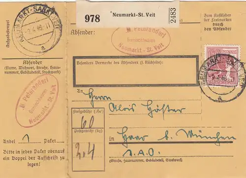 Carte de paquet 1948: St. Veit après cheveux, avec carte de package double