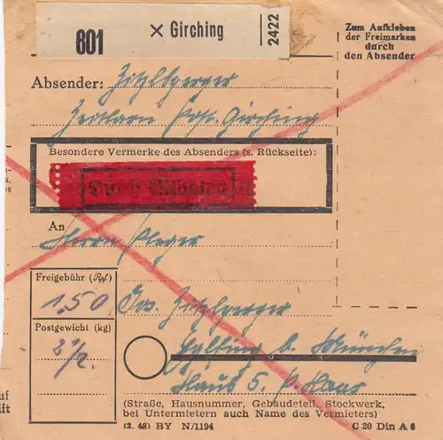 BiZone Paketkarte 1948: Girching nach Eglfing, Durch Eilboten