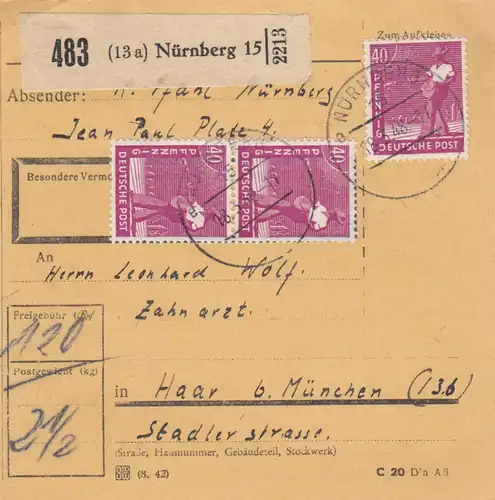 Carte de paquet 1948: Nuremberg vers Haar bei Munich