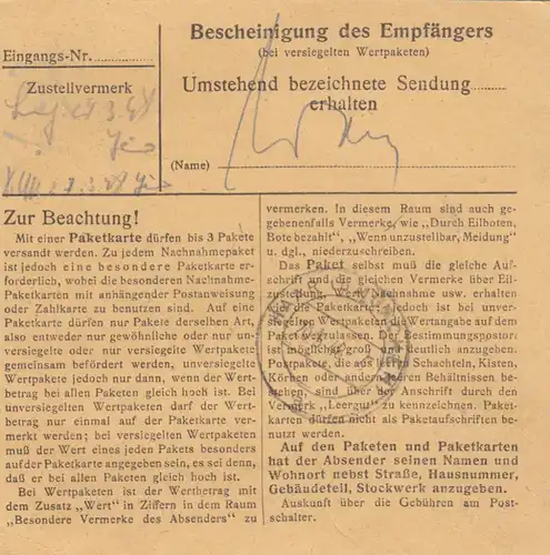 Carte de paquet 1948: Nuremberg vers Haar bei Munich