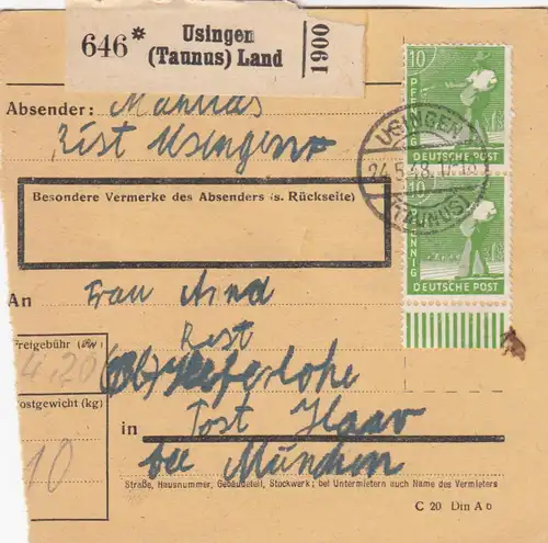 Carte de paquet 1948: Usingen Taunus après Keferloh Haar