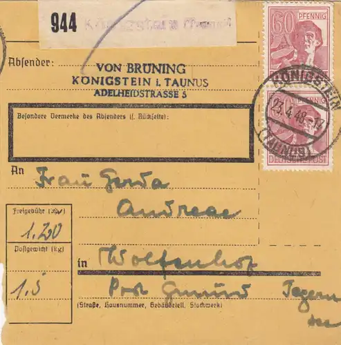 Paketkarte 1948: Königstein nach Wolfenhof, Post Gmund