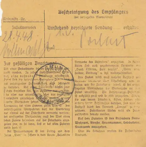 Paketkarte 1948: Königstein nach Wolfenhof, Post Gmund