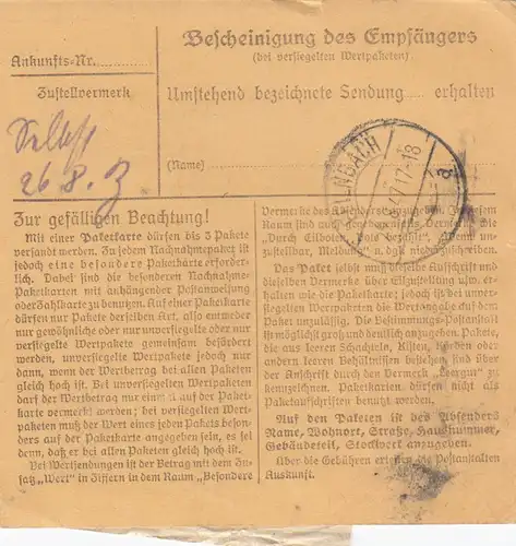 Paketkarte 1947: München nach Feilnbach b. Aibling