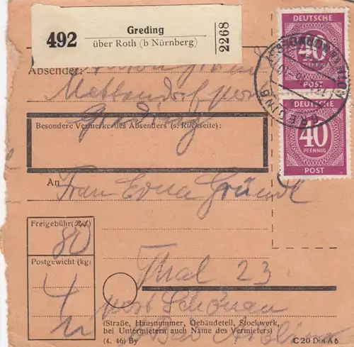 Carte de paquet 1946: Mettendorf Greding vers Thal, Post Schönau