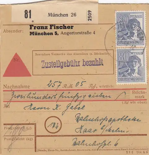 Paketkarte 1948: München nach Haar, Selbstbucher, Nachnahme