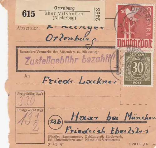 Paketkarte 1947: Ortenburg über Vielshofen nach Haar