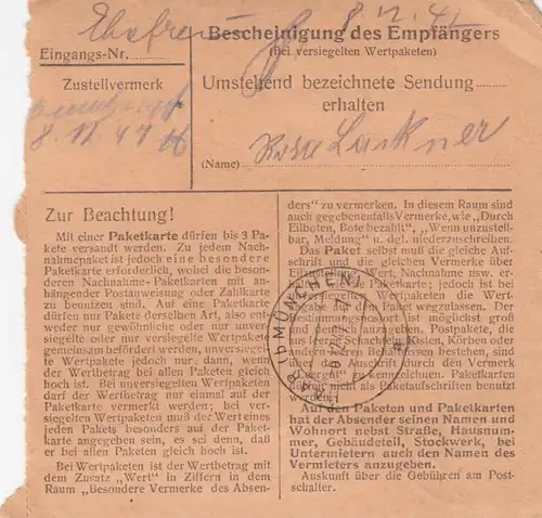 Carte de paquet 1947: Ortenburg sur Vielshofen par Haar