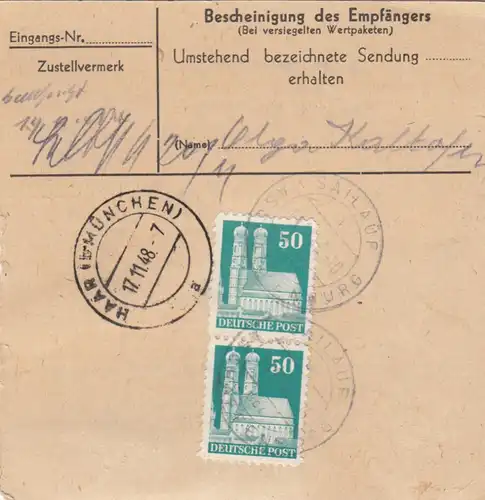 BiZone Paketkarte 1948: Sailauf über Aschaffenburg nach Haar, Durch Eilboten