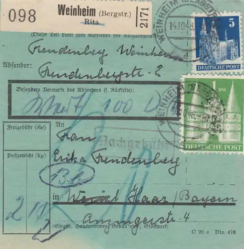 Carte de paquet BiZone 1948: Weinheim selon les cheveux, carte de valeur, formulaire spécial