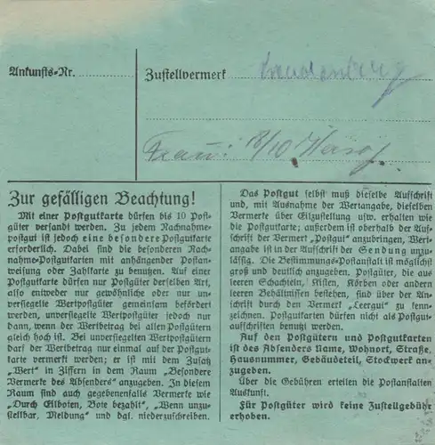 Carte de paquet BiZone 1948: Weinheim selon les cheveux, carte de valeur, formulaire spécial