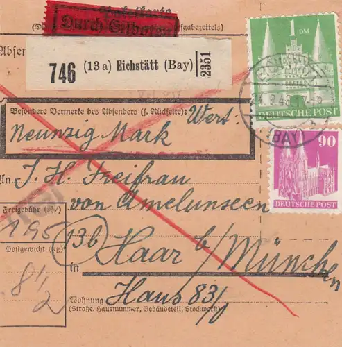 BiZone Paketkarte 1948: Eichstätt nach Haar, Wertkarte, Durch Eilboten