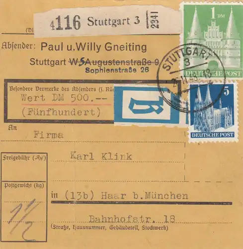 BiZone Paketkarte 1948: Stuttgart, Selbstbucher, Wertkarte, B-Aufkleber