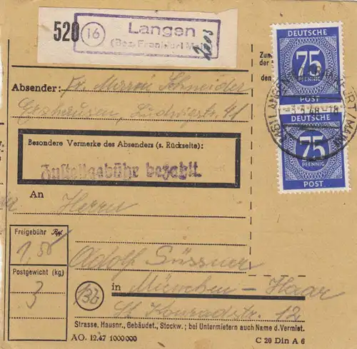 Paketkarte 1948: Erzhausen Langen Frankfurt nach Haar