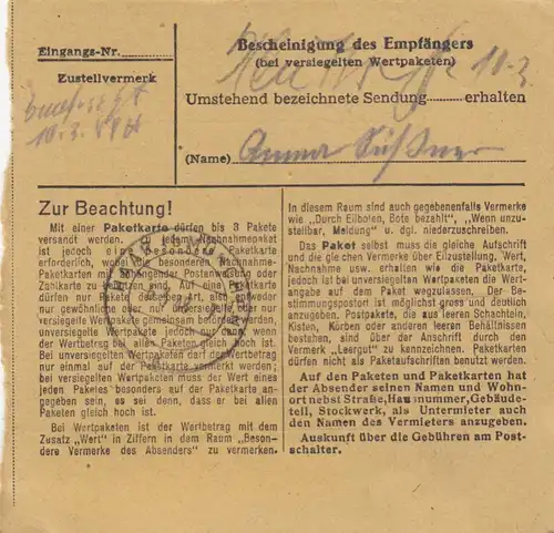 Paketkarte 1948: Erzhausen Langen Frankfurt nach Haar