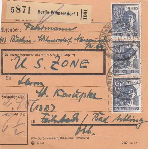 Paketkarte 1947: Berlin-Wilmersdorf nach Feilnbach, U.S. Zone