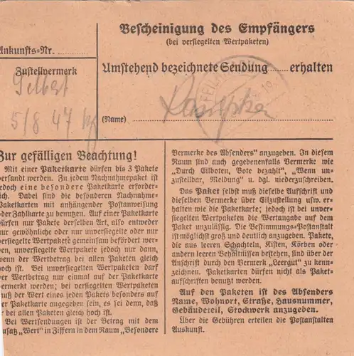 Carte de paquet 1947: Berlin-Wilmersdorf vers Feilnbach, U.S. Zone