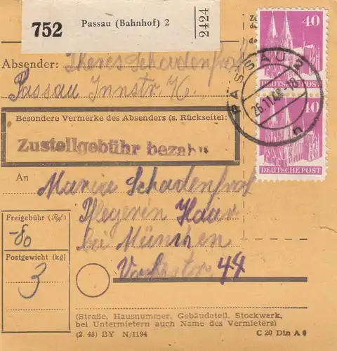 BiZone Paketkarte 1948: Passau nach Haar bei München, Pflegerin