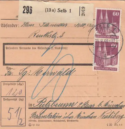 Carte de paquet BiZone 1948: Auto-vers Putzbrunn par la gare de Biberg, frais supplémentaires
