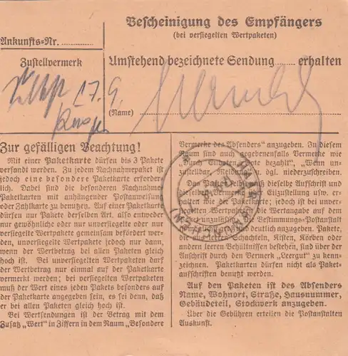 Carte de paquet BiZone 1948: Auto-vers Putzbrunn par la gare de Biberg, frais supplémentaires