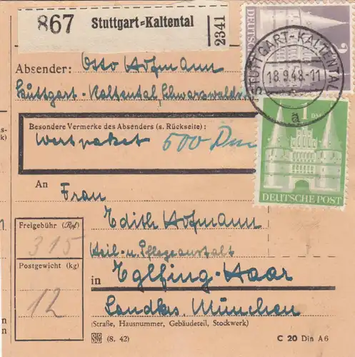 Carte de paquet BiZone 1948: Stuttgart-Kaltental après Eglfing, établissement, carte de valeur