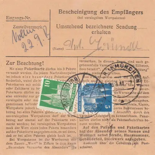 BiZone Paketkarte 1948: Stuttgart-Kaltental nach Eglfing, Anstalt, Wertkarte