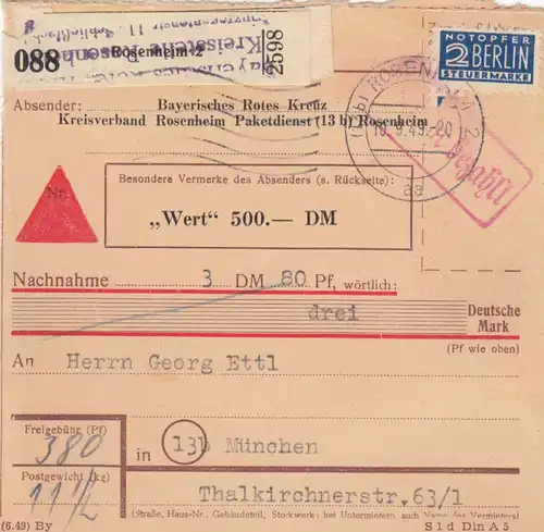 BiZone Paketkarte 1949: Rosenheim n. Mün., Selbstb., Nachn., Wertkarte, Notopfer