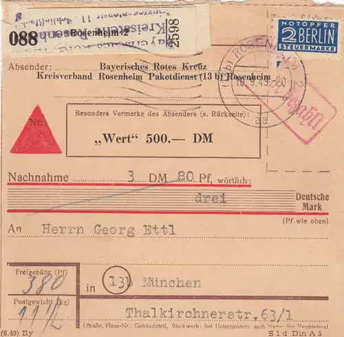 Carte de paquet BiZone 1949: Rosenheim n. Mun., Autob. , Nachn .