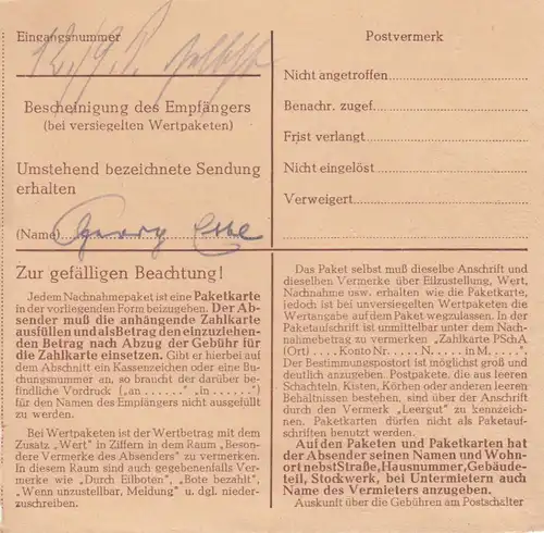 BiZone Paketkarte 1949: Rosenheim n. Mün., Selbstb., Nachn., Wertkarte, Notopfer