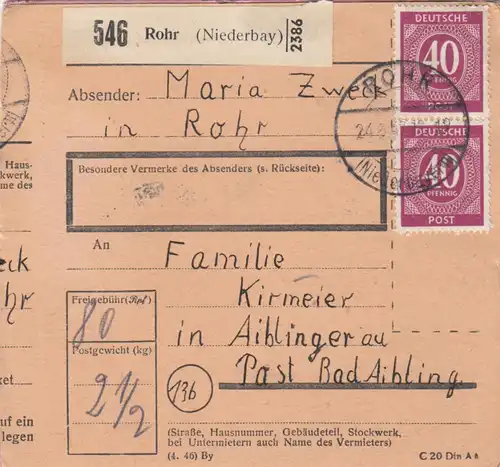 Paketkarte 1947: Rohr nach Bad Aibling, Doppel-Notpaketkarte aufgeklebt