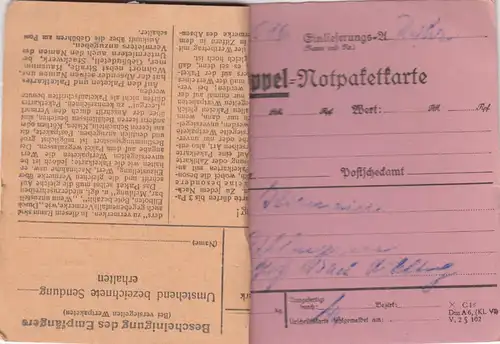 Paketkarte 1947: Rohr nach Bad Aibling, Doppel-Notpaketkarte aufgeklebt