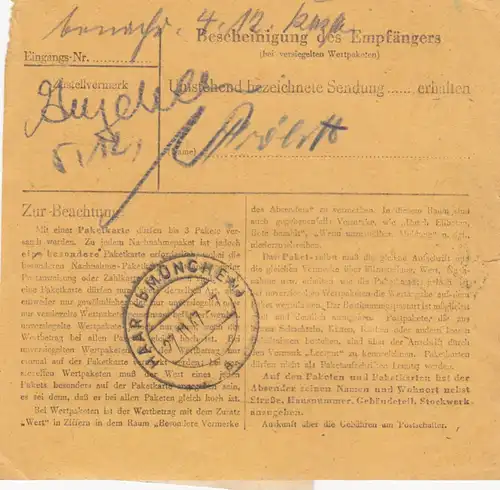 Carte de paquet 1947: Bückeburg vers Haar bei Munich