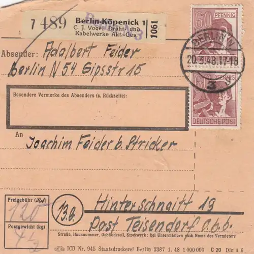 Paketkarte 1948: Berlin-Köpenick nach Hinterschnaitt, Selbstbucher