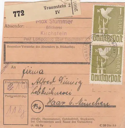 Carte de paquet 1948: Kirchstein Traunstein après Haar près de Munich
