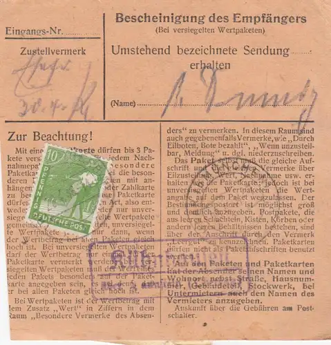 Carte de paquet 1948: Kirchstein Traunstein après Haar près de Munich