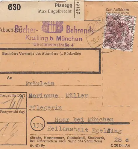 BiZone Paketkarte 1948: Planegg nach Haar, Selbstbucher, Heilanstalt Eglfing