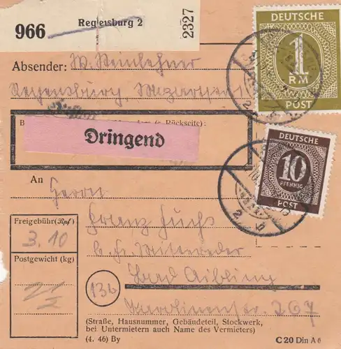 Carte de paquet 1948: Regensburg vers Bad Aibling, Urgent