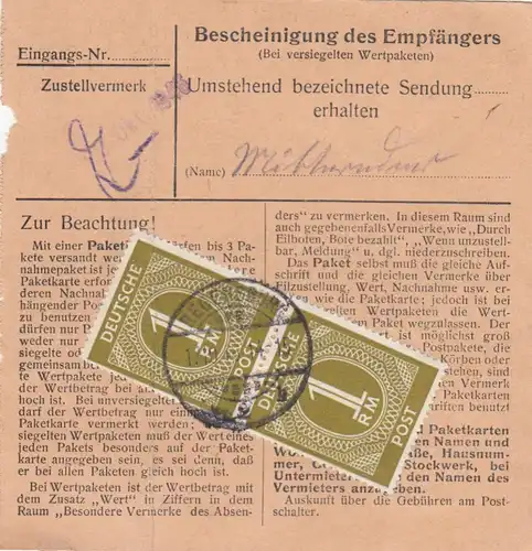 Carte de paquet 1948: Regensburg vers Bad Aibling, Urgent