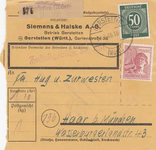 Paketkarte 1948: Gerstetten Württ. nach Haar, Selbstbucher