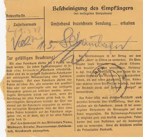 Carte de paquet 1948: orgette Württ. par cheveux, auto-bookeur