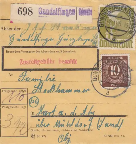 Paketkarte 1948: Gundelfingen nach Hart a.d. Alz