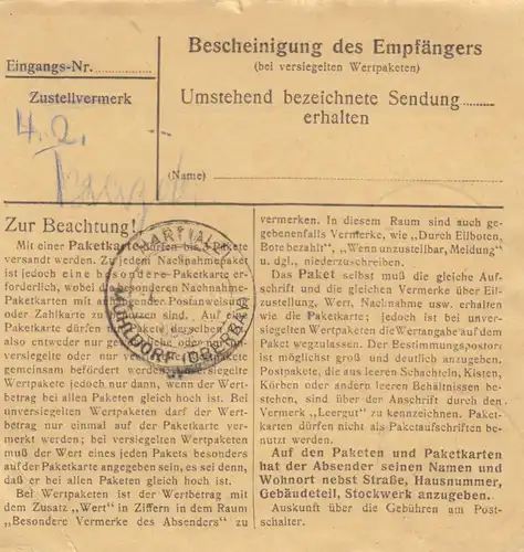 Carte de paquet 1948: Gundelfingen vers Hart a.d. Alz