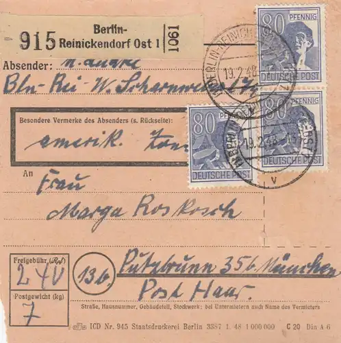Paketkarte 1948: Berlin-Reinickendorf nach Putzbrunn