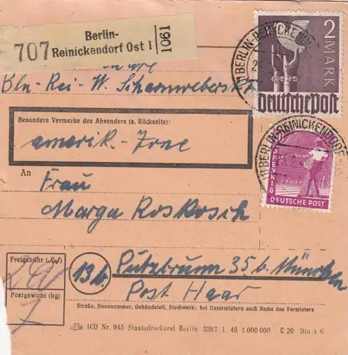 Carte de paquet 1948: Berlin-Reinickendorf après Putzbrunn, Post Haar