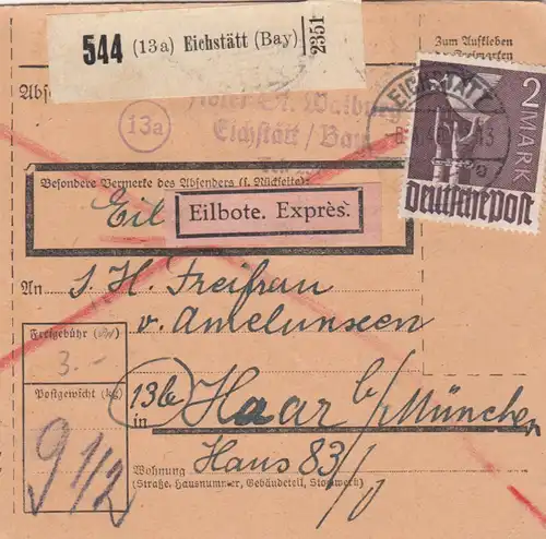 Paketkarte 1948: Eichstätt nach Haar, Eilbote Exprès