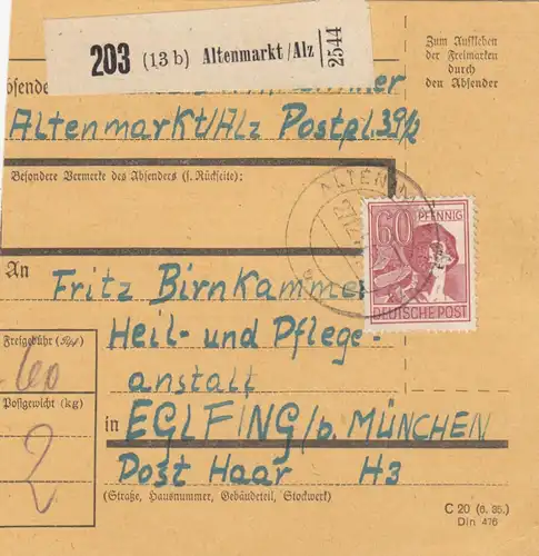 Carte de paquet 1947: Altenmarkt après Eglfing, Hôtel de santé
